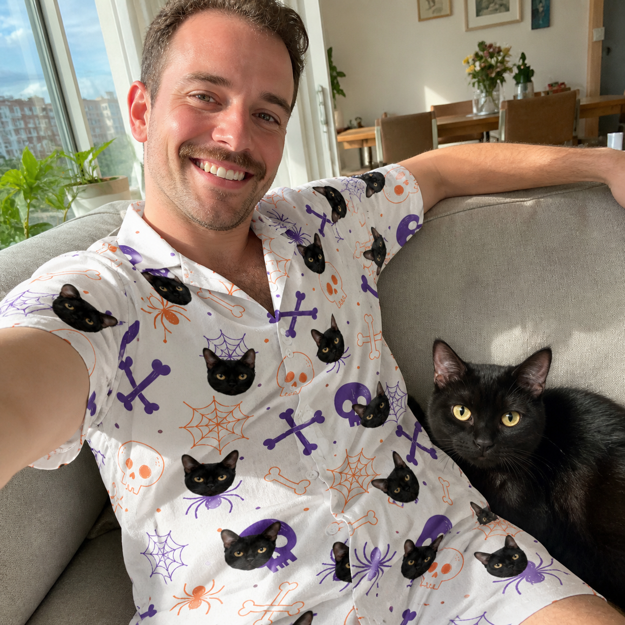 Selfie with the pet whose face is printed all over this Men's Skull Shuffle Custom Cat Face Shirt & Shorts Set