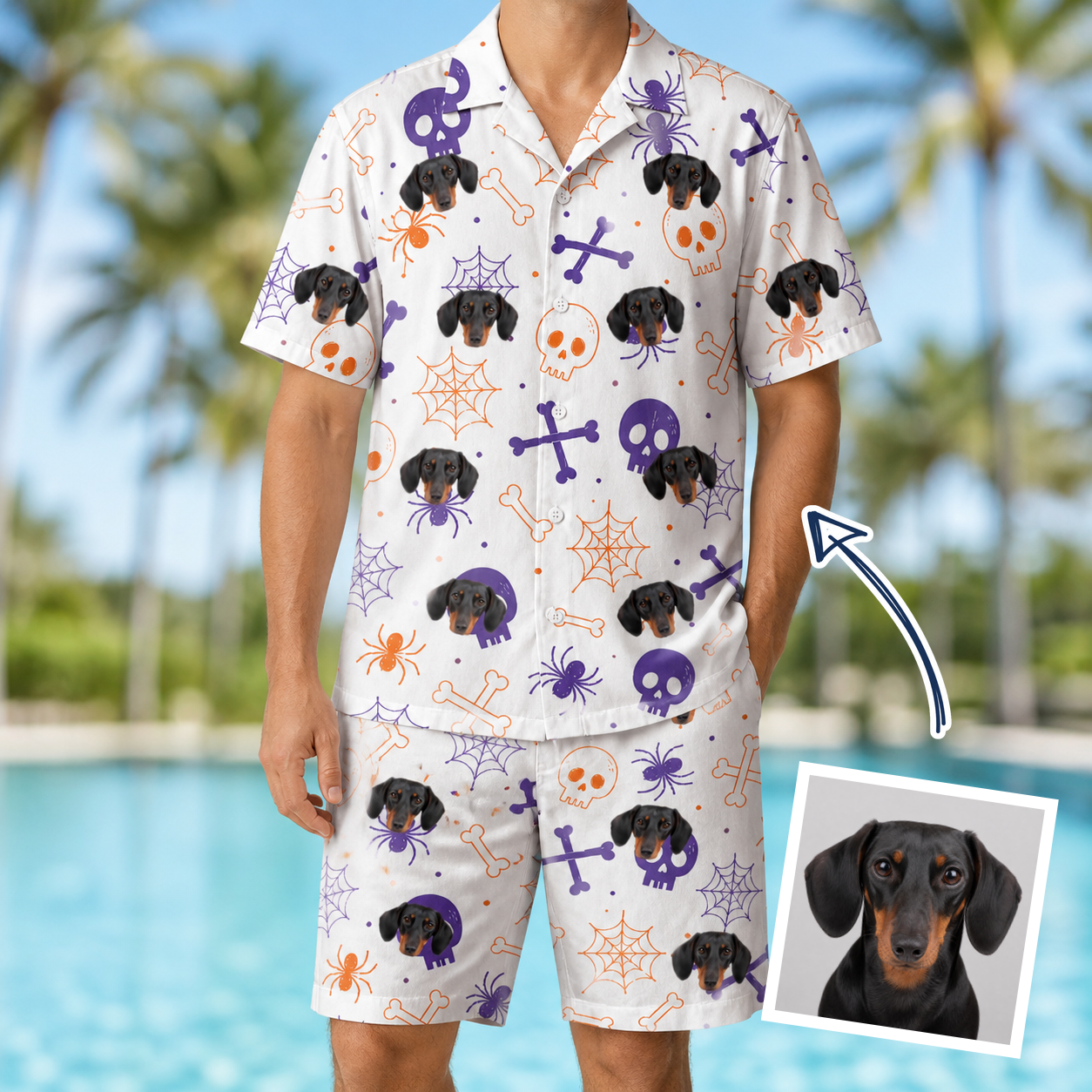 Man wearing Men's Skull Shuffle Custom Dog Face Shirt & Shorts Set — custom faces printed all-over