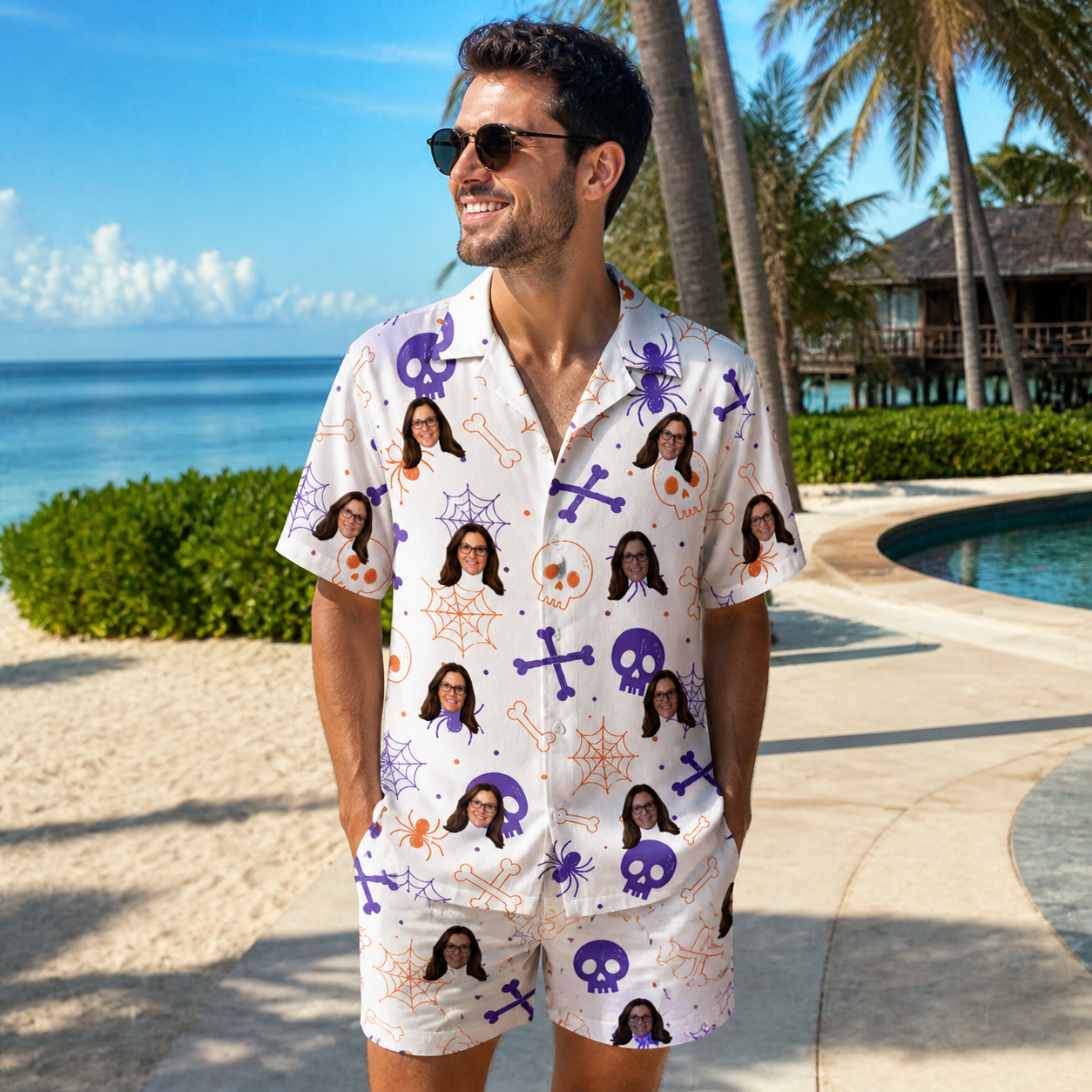 Real-life photo of someone wearing Men's Skull Shuffle Custom Face Shirt & Shorts Set — custom faces printed all-over