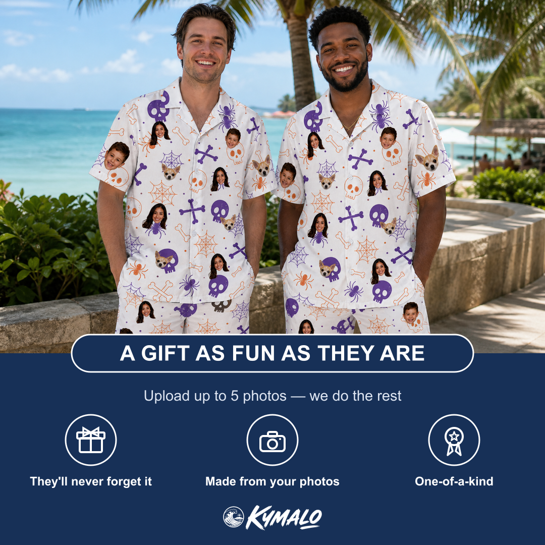 Friends in matching Men's Skull Shuffle Custom Face Shirt & Shorts Set — a group gift photo