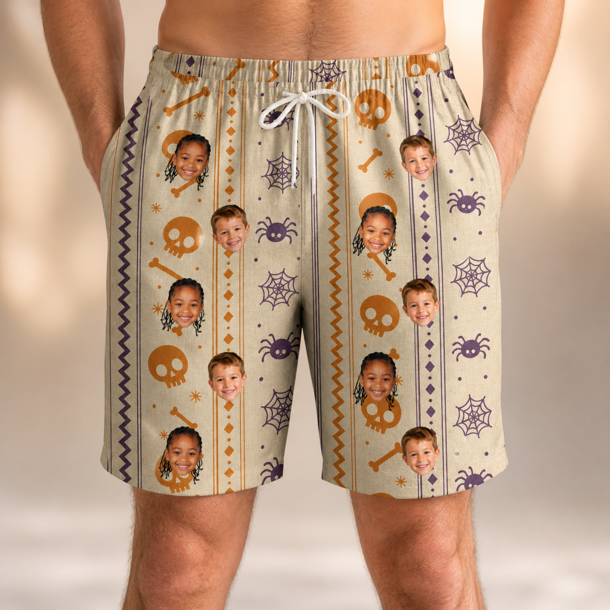 Model wearing Men's Webbed Bones Custom Face Beach Shorts printed with kids' faces