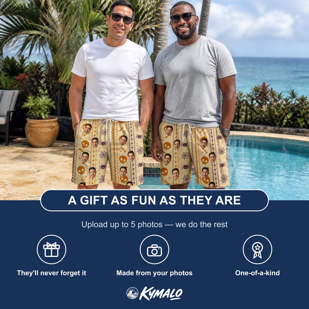 Friends in matching Men's Webbed Bones Custom Face Beach Shorts — a group gift photo