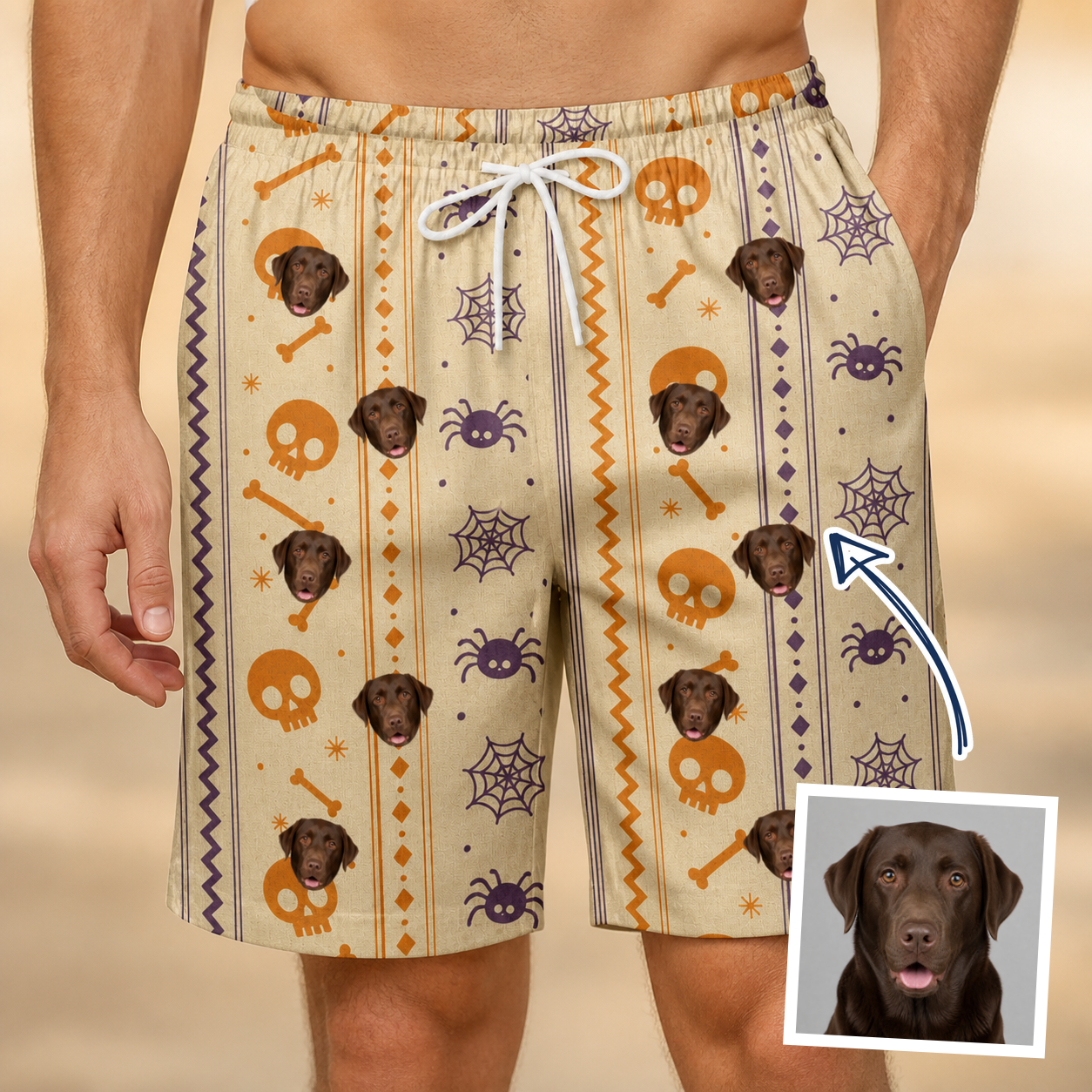 Man wearing Men's Webbed Bones Custom Dog Face Beach Shorts — custom faces printed all-over