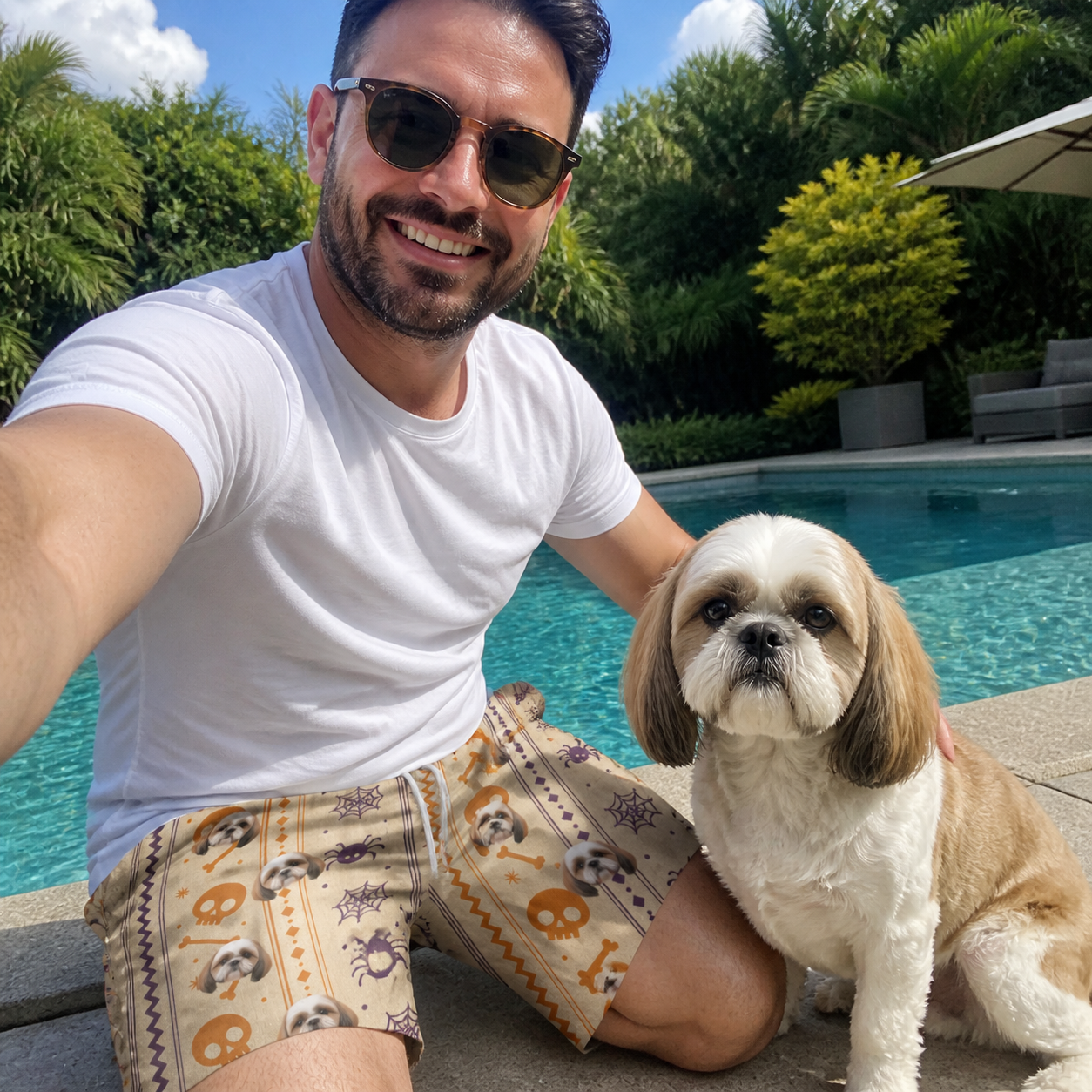 Selfie with the pet whose face is printed all over this Men's Webbed Bones Custom Dog Face Beach Shorts