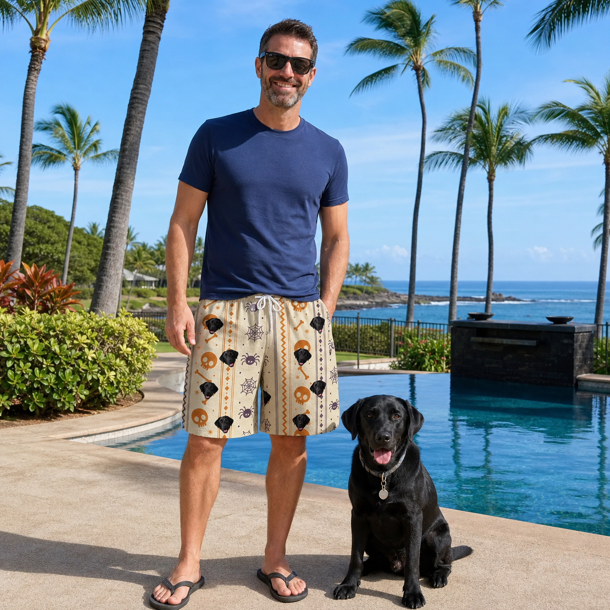Full-length photo with the pet printed all over this Men's Webbed Bones Custom Dog Face Beach Shorts