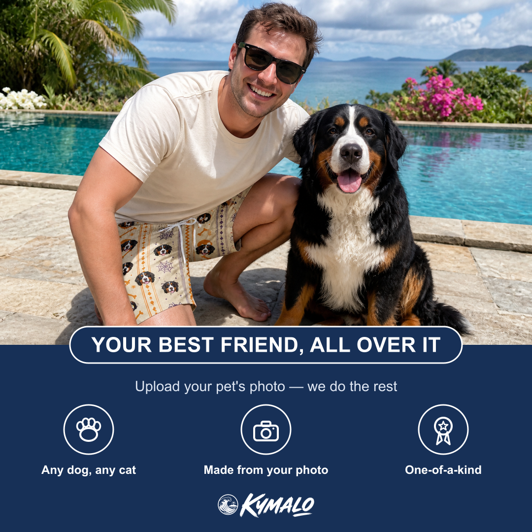 Friends in matching Men's Webbed Bones Custom Dog Face Beach Shorts — a group gift photo