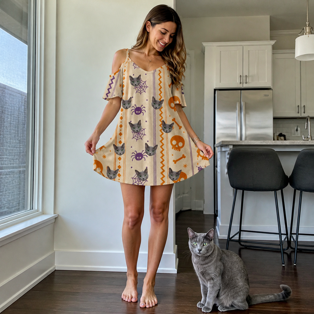 Full-length photo with the pet printed all over this Women's Webbed Bones Custom Cat Face Off-Shoulder Dress