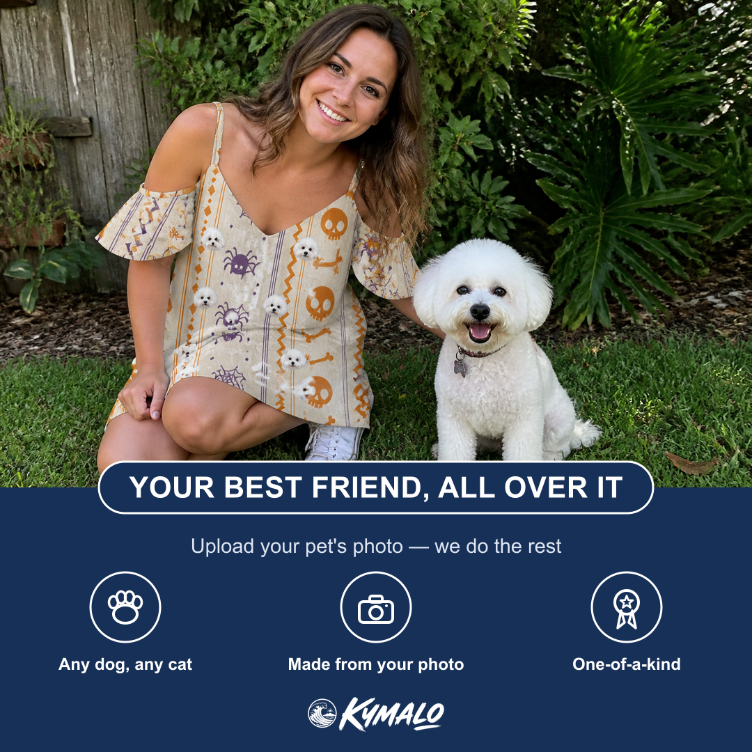 Friends in matching Women's Webbed Bones Custom Dog Face Off-Shoulder Dress — a group gift photo