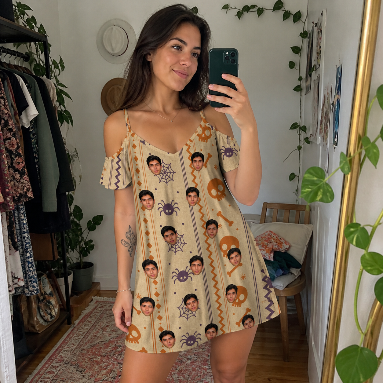 Real-life photo of someone wearing Women's Webbed Bones Custom Face Off-Shoulder Dress — custom faces printed all-over