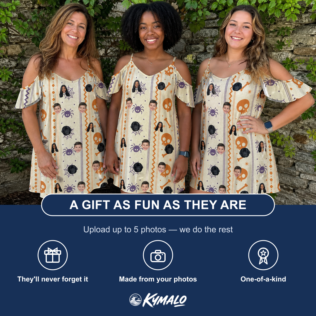 Friends in matching Women's Webbed Bones Custom Face Off-Shoulder Dress — a group gift photo