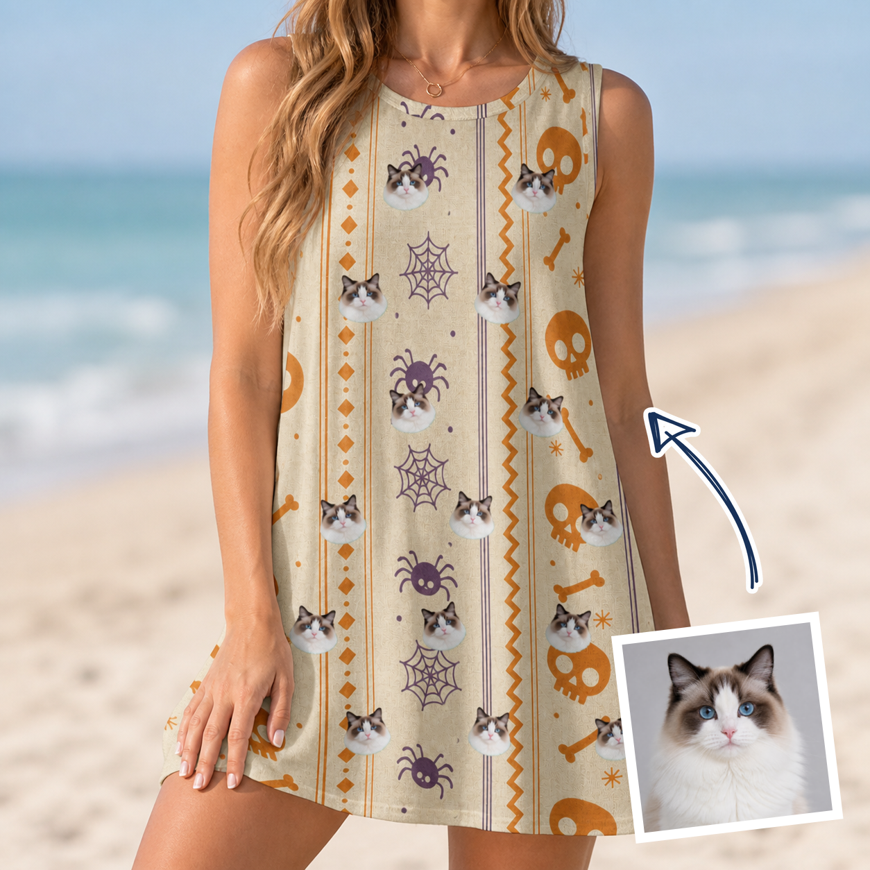 Woman wearing Women's Webbed Bones Custom Cat Face Tank Dress — custom faces printed all-over