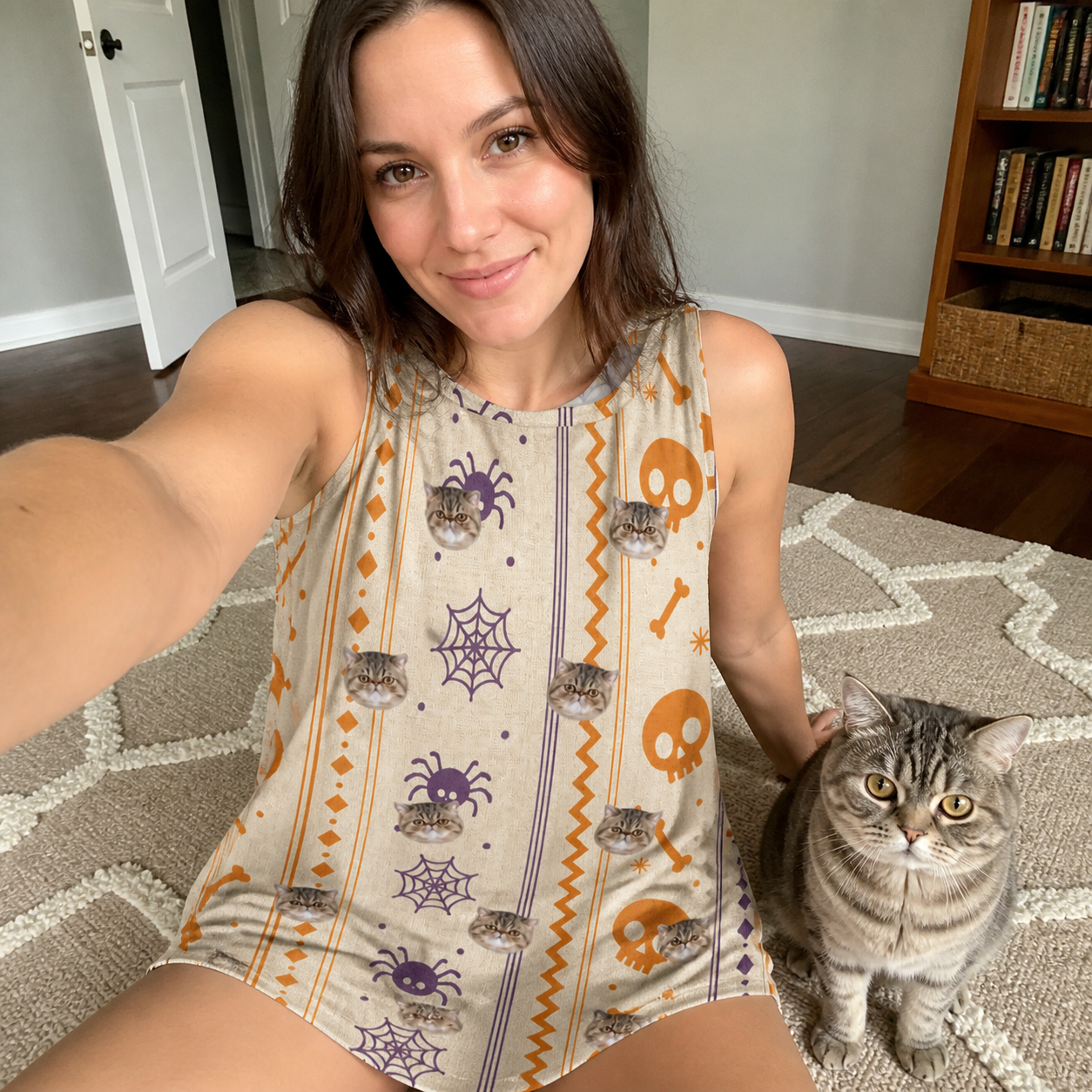 Selfie with the pet whose face is printed all over this Women's Webbed Bones Custom Cat Face Tank Dress