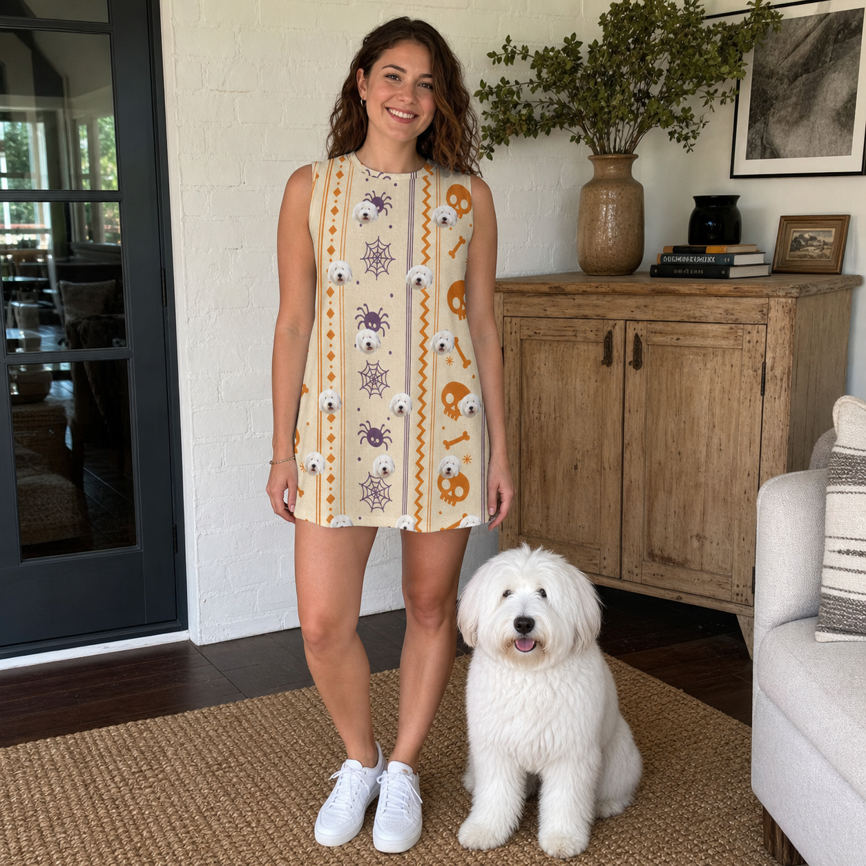 Full-length photo with the pet printed all over this Women's Webbed Bones Custom Dog Face Tank Dress