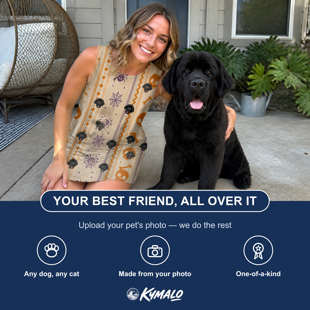 Friends in matching Women's Webbed Bones Custom Dog Face Tank Dress — a group gift photo
