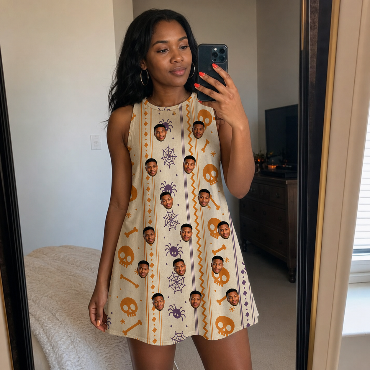 Real-life photo of someone wearing Women's Webbed Bones Custom Face Tank Dress — custom faces printed all-over