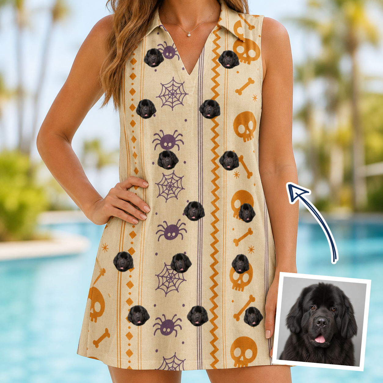 Woman wearing Women's Webbed Bones Custom Dog Face V-Neck Dress — custom faces printed all-over