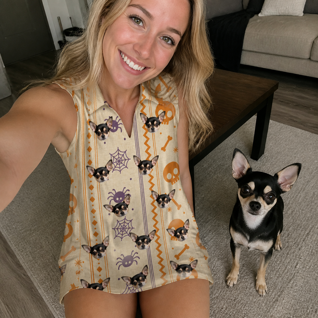 Selfie with the pet whose face is printed all over this Women's Webbed Bones Custom Dog Face V-Neck Dress