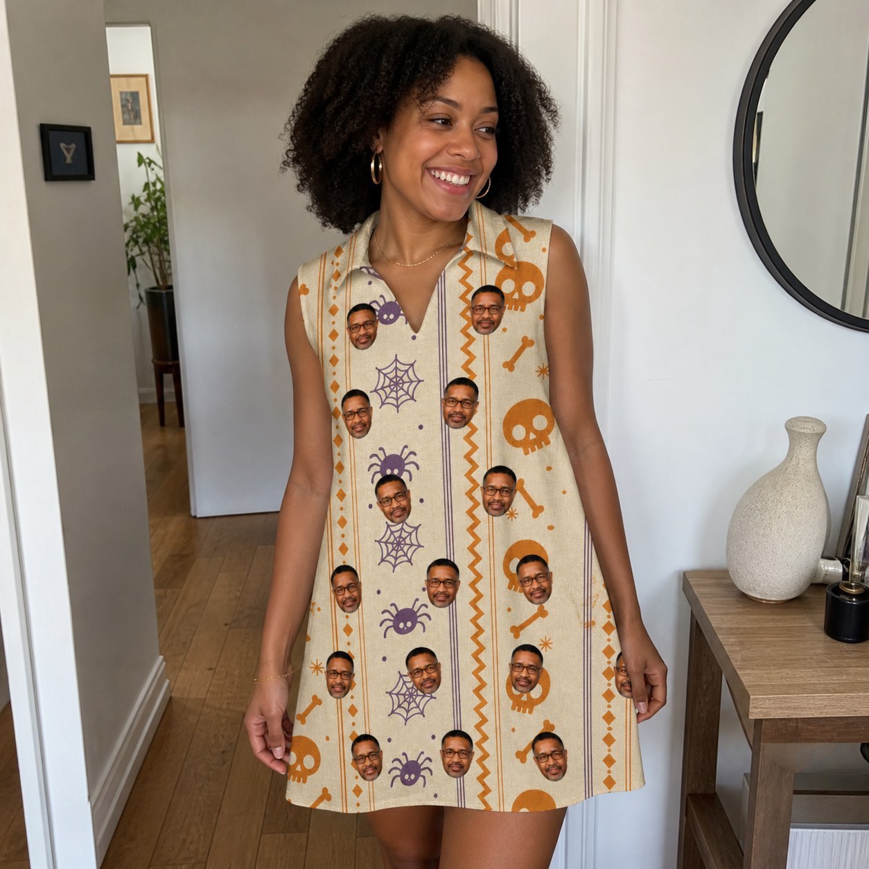 Real-life photo of someone wearing Women's Webbed Bones Custom Face V-Neck Dress — custom faces printed all-over