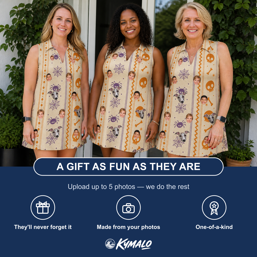 Friends in matching Women's Webbed Bones Custom Face V-Neck Dress — a group gift photo