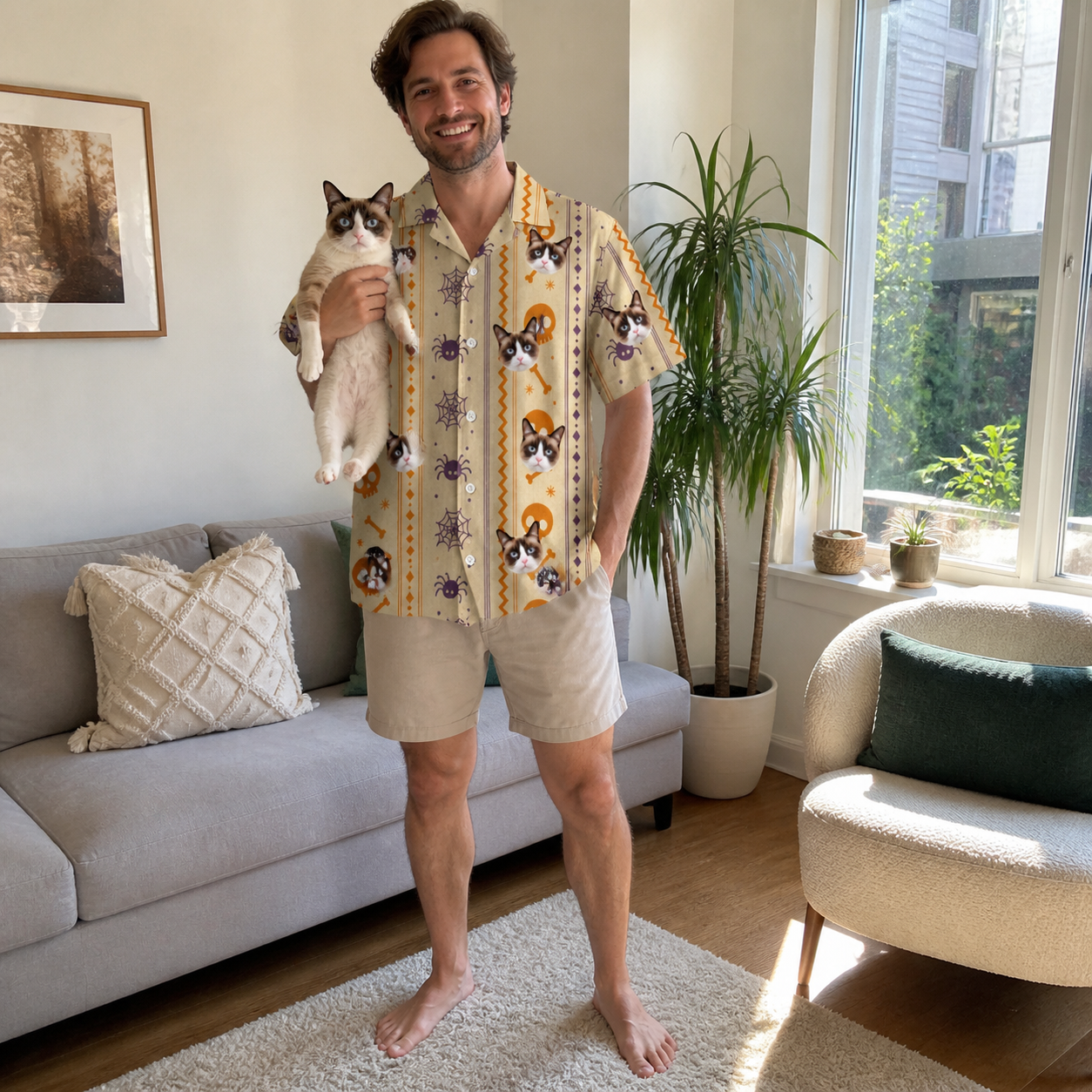 Full-length photo with the pet printed all over this Men's Webbed Bones Custom Cat Face Hawaiian Shirt