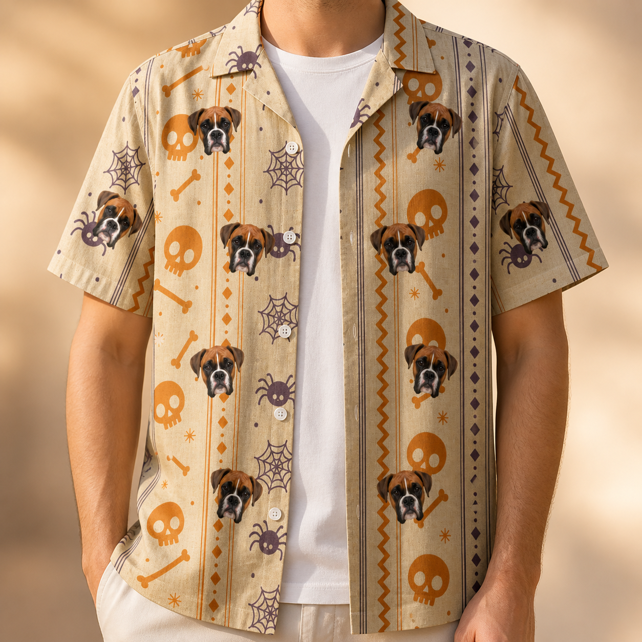 Man wearing Funny Playful Cartoon Skulls And Skeleton Bones Custom Dog Face Hawai… open over a white tee