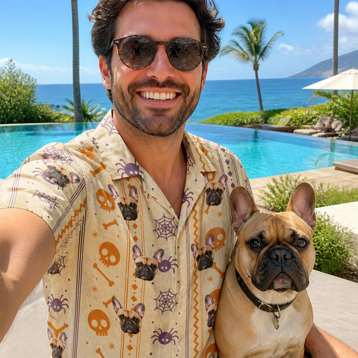 Selfie with the pet whose face is printed all over this Funny Playful Cartoon Skulls And Skeleton Bones Custom Dog Face Hawai…