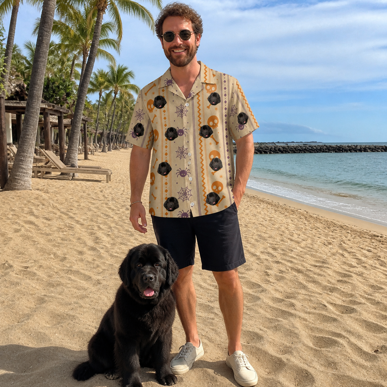 Full-length photo with the pet printed all over this Funny Playful Cartoon Skulls And Skeleton Bones Custom Dog Face Hawai…