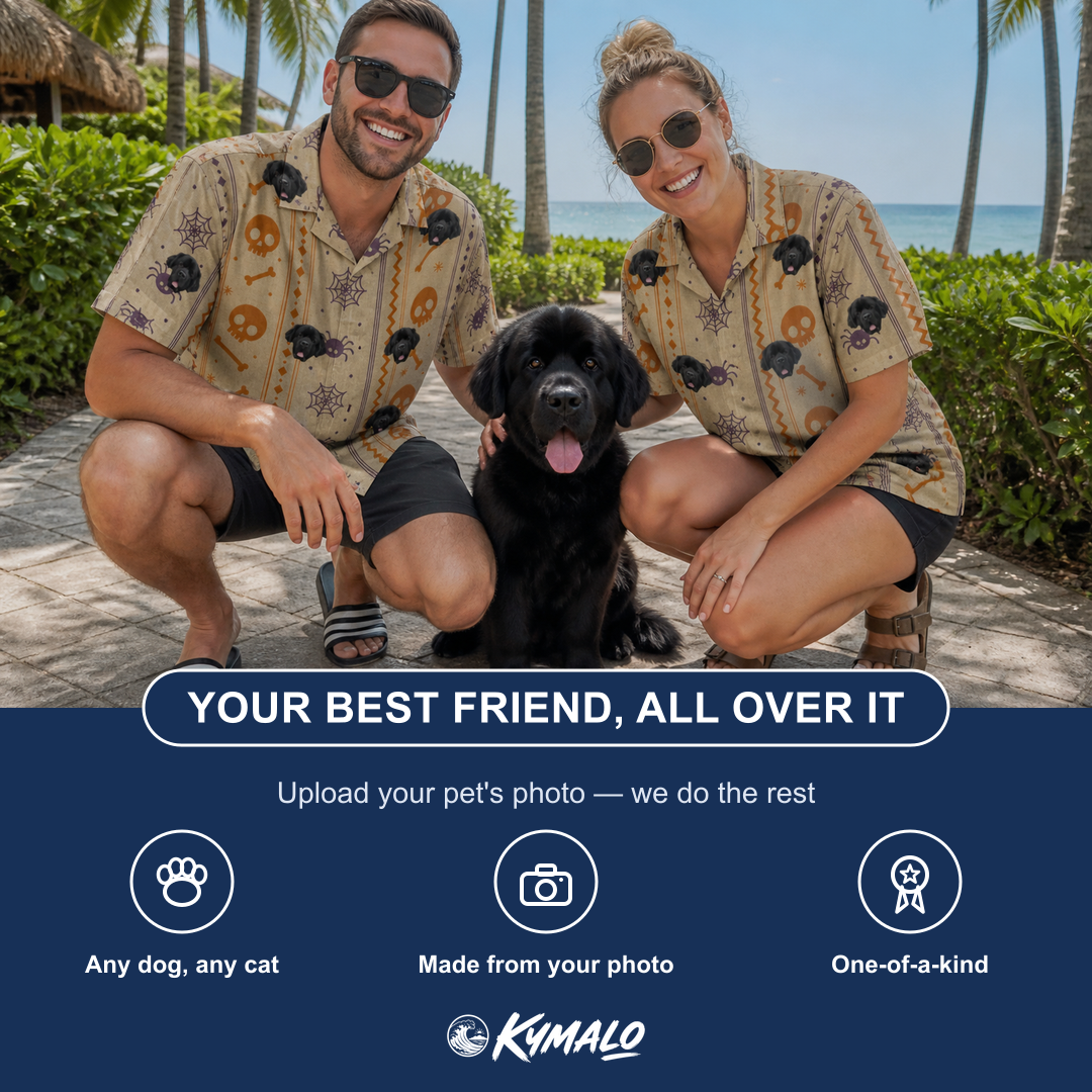 Friends in matching Funny Playful Cartoon Skulls And Skeleton Bones Custom Dog Face Hawai… — a group gift photo