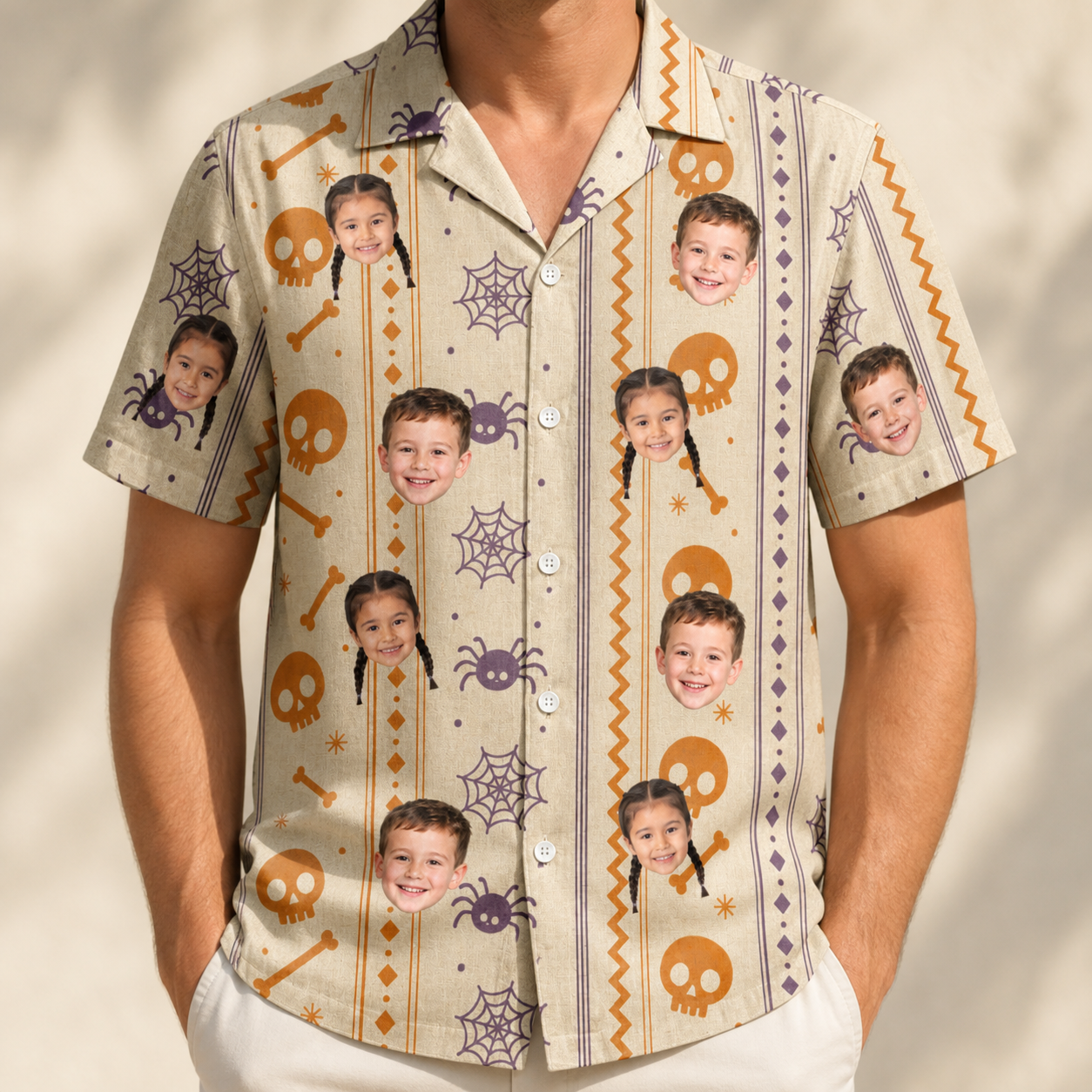 Model wearing Men's Webbed Bones Custom Face Hawaiian Shirt printed with kids' faces