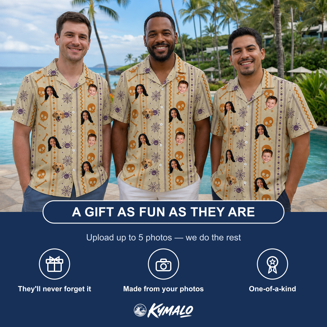 Friends in matching Men's Webbed Bones Custom Face Hawaiian Shirt — a group gift photo