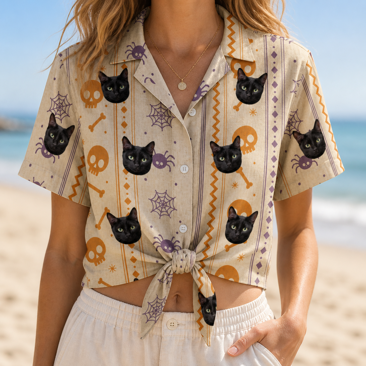 Woman wearing Women's Webbed Bones Custom Cat Face Hawaiian Shirt tied at the waist