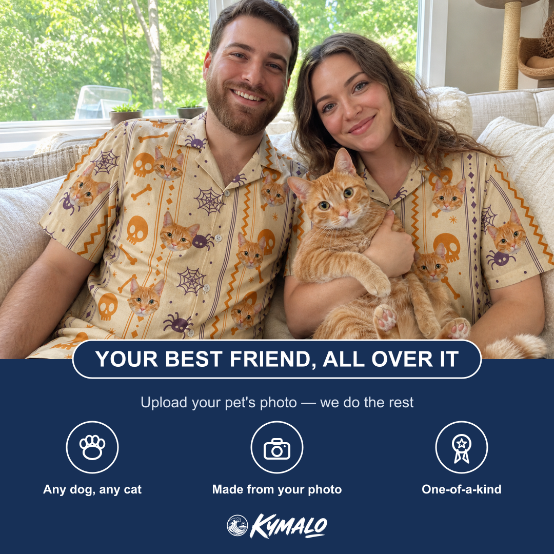 Friends in matching Women's Webbed Bones Custom Cat Face Hawaiian Shirt — a group gift photo