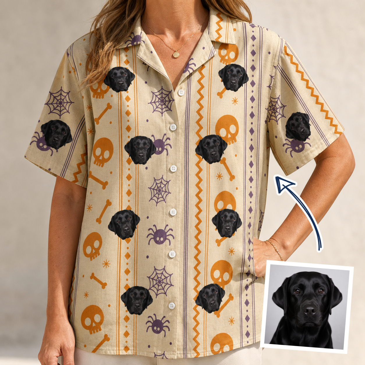 Woman wearing Women's Webbed Bones Custom Dog Face Hawaiian Shirt — custom faces printed all-over