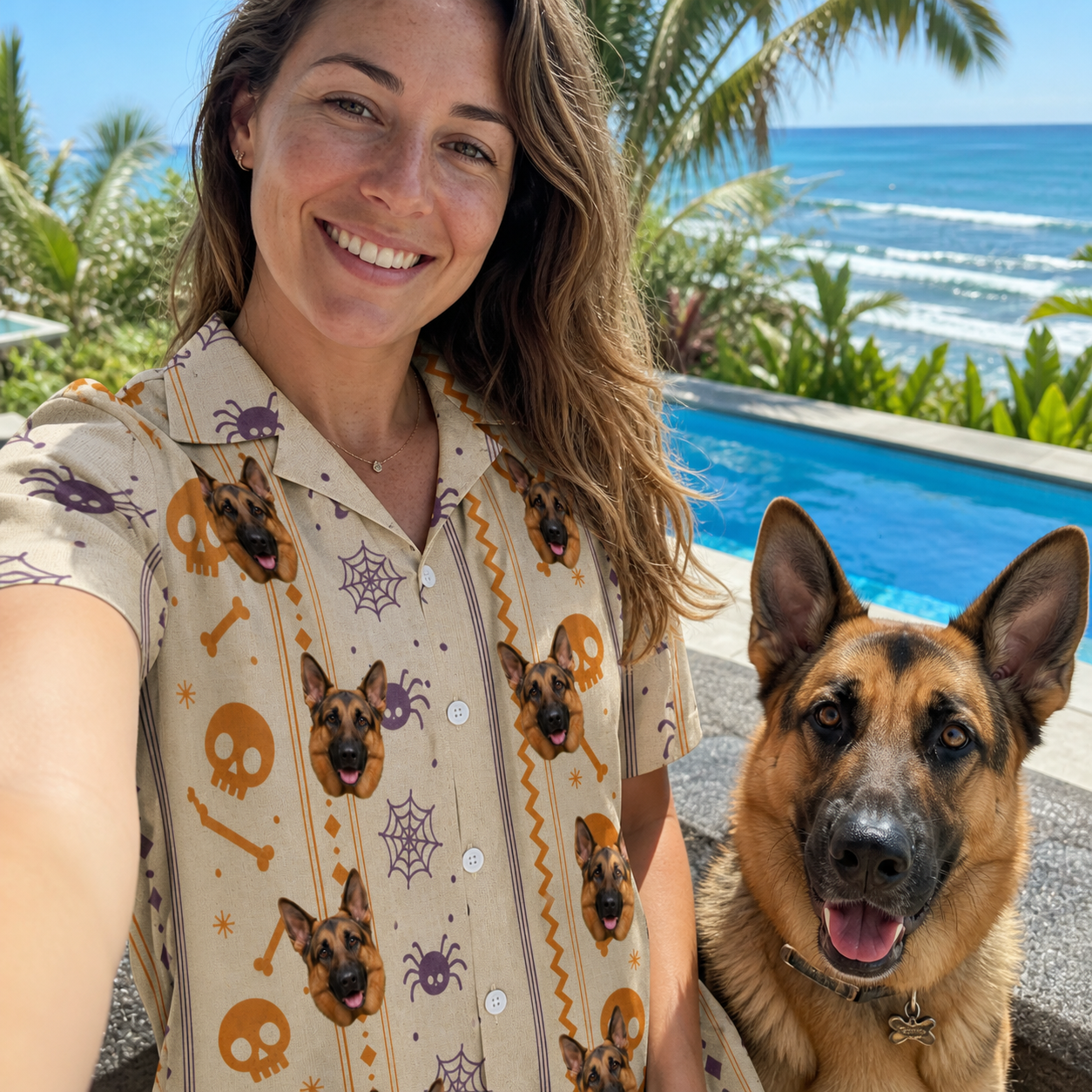 Selfie with the pet whose face is printed all over this Women's Webbed Bones Custom Dog Face Hawaiian Shirt