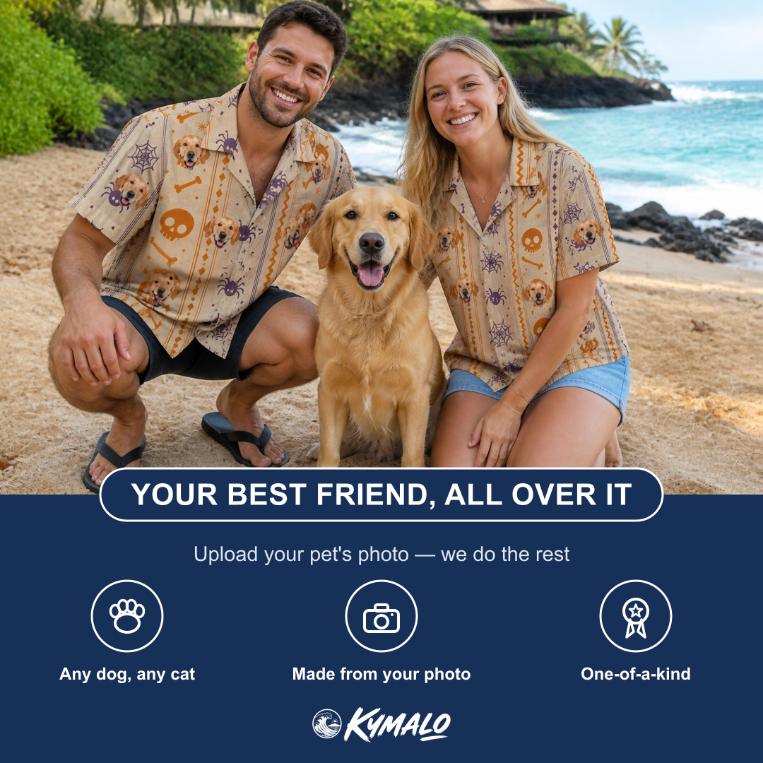 Friends in matching Women's Webbed Bones Custom Dog Face Hawaiian Shirt — a group gift photo