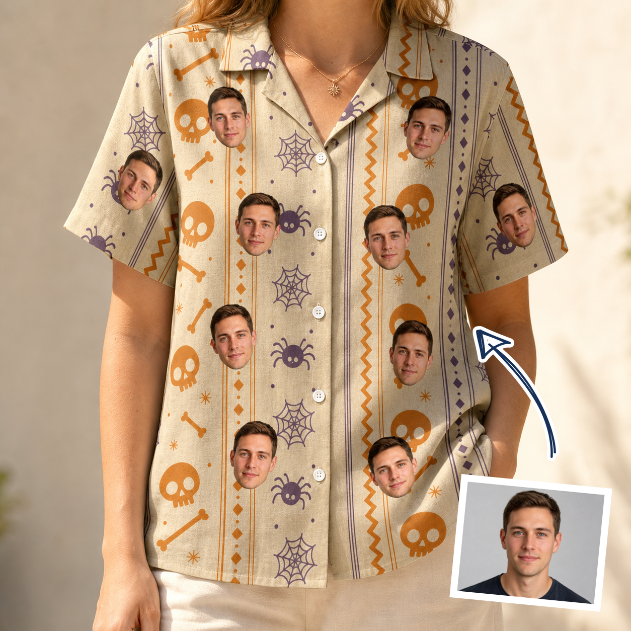 Woman wearing Women's Webbed Bones Custom Face Hawaiian Shirt — custom faces printed all-over