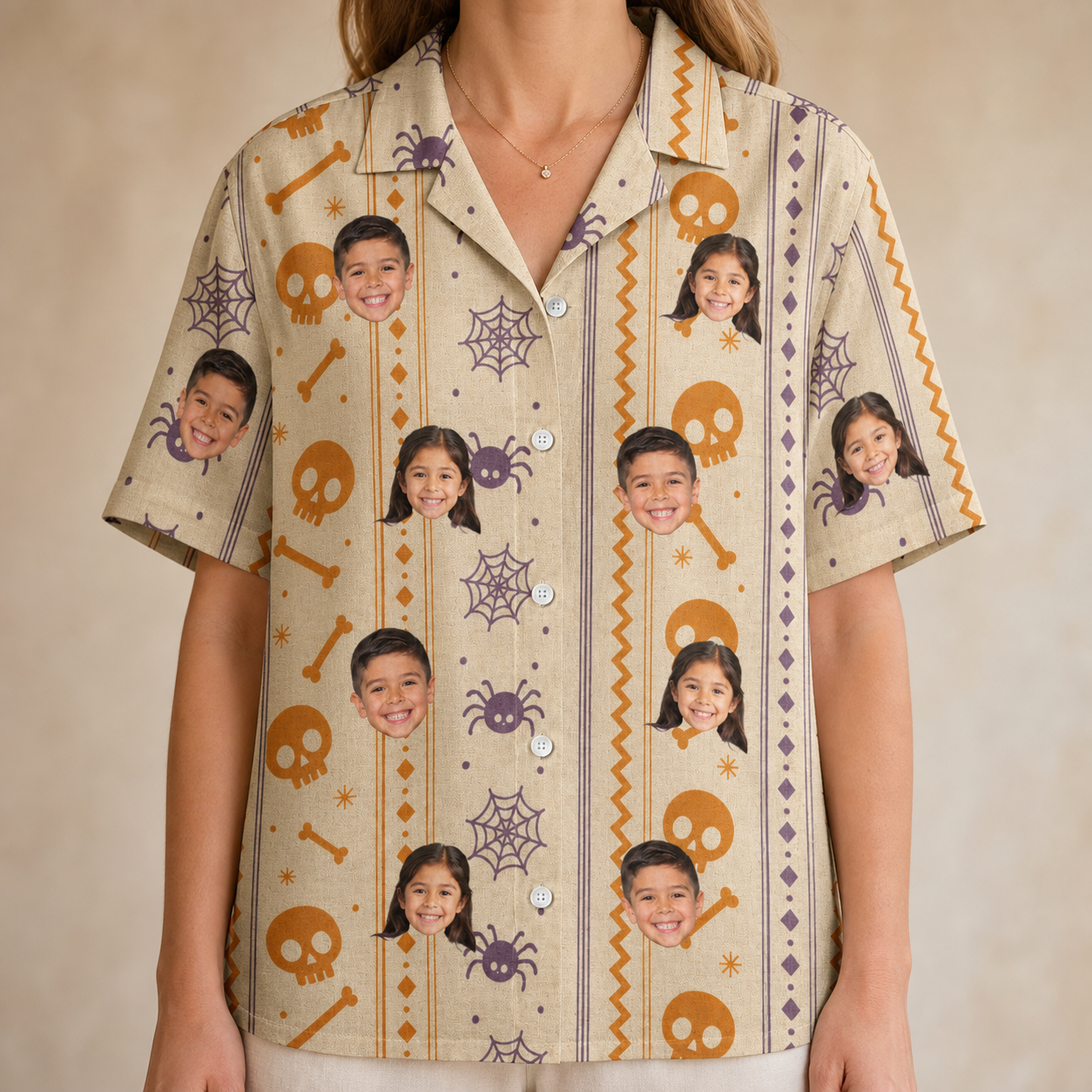 Model wearing Women's Webbed Bones Custom Face Hawaiian Shirt printed with kids' faces