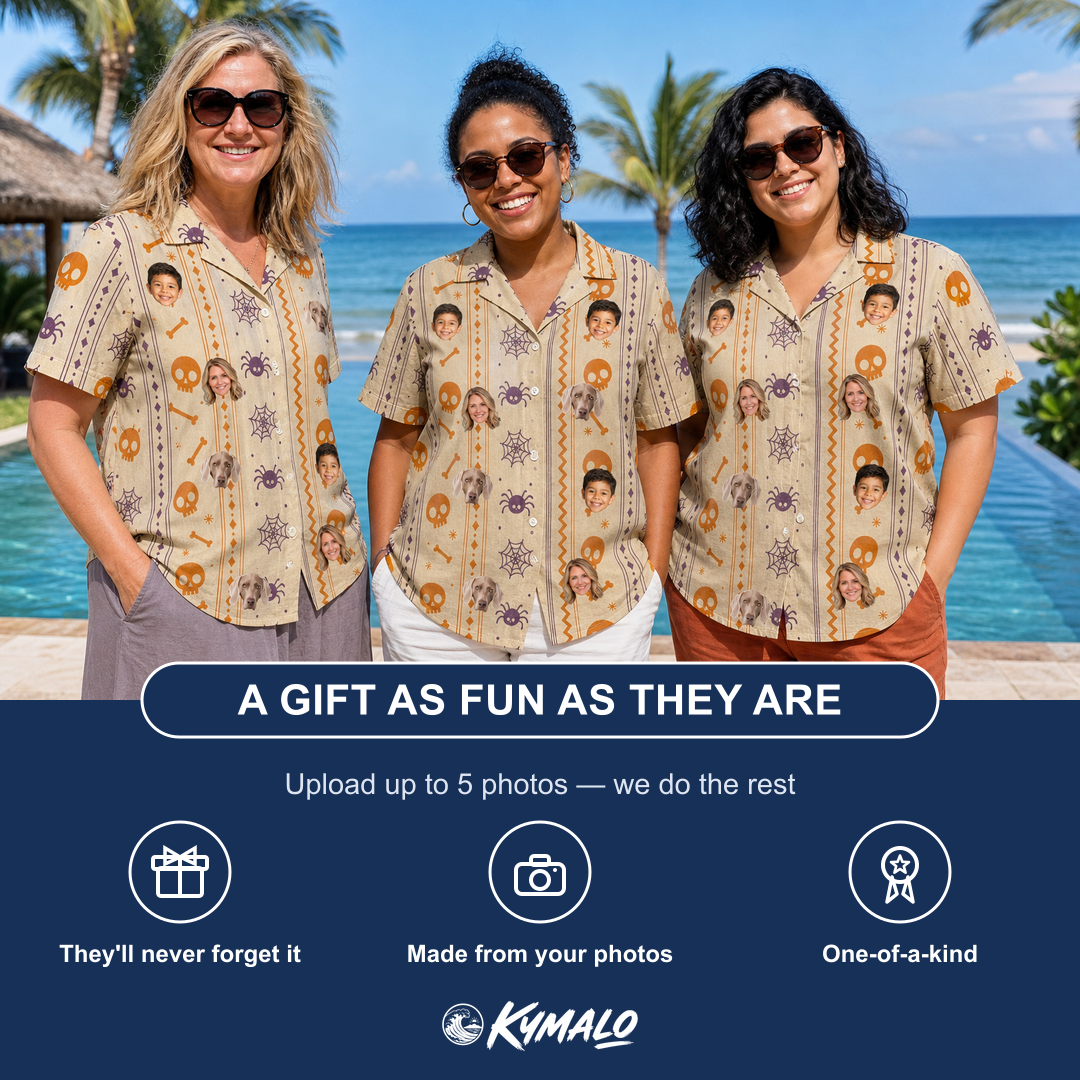 Friends in matching Women's Webbed Bones Custom Face Hawaiian Shirt — a group gift photo
