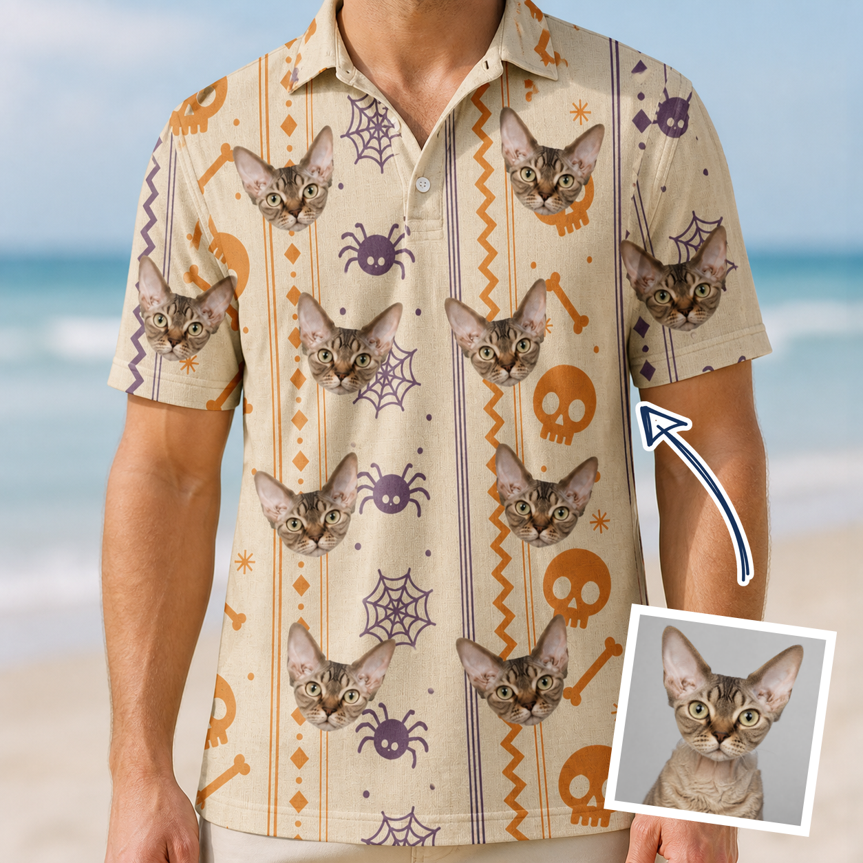 Man wearing Men's Webbed Bones Custom Cat Face Polo Shirt — custom faces printed all-over