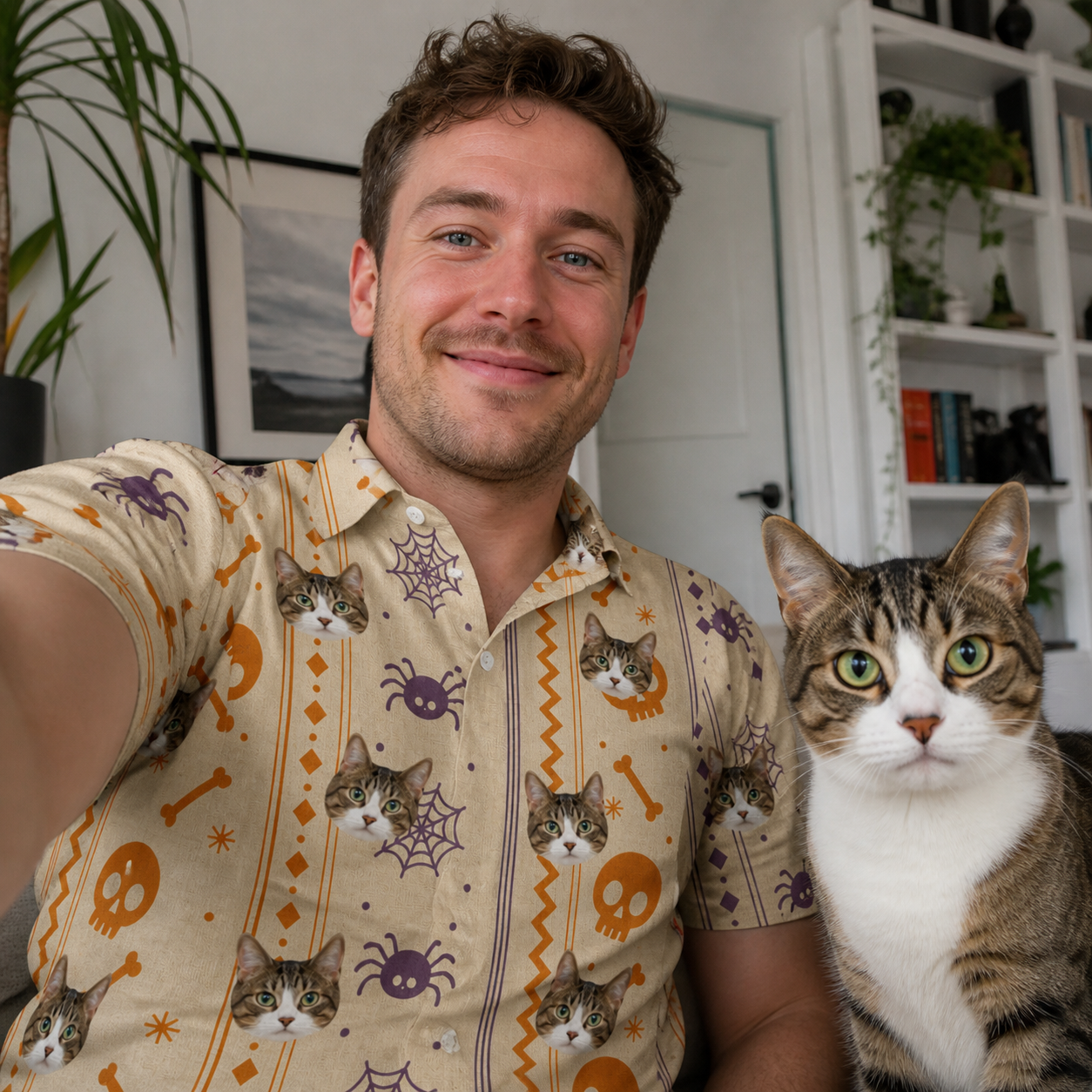Selfie with the pet whose face is printed all over this Men's Webbed Bones Custom Cat Face Polo Shirt