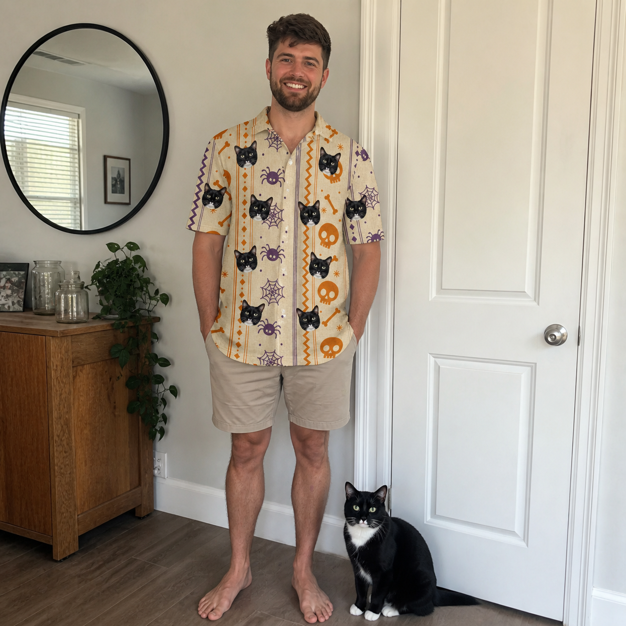 Full-length photo with the pet printed all over this Men's Webbed Bones Custom Cat Face Polo Shirt
