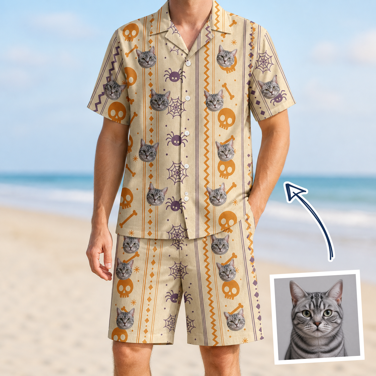 Man wearing Men's Webbed Bones Custom Cat Face Shirt & Shorts Set — custom faces printed all-over