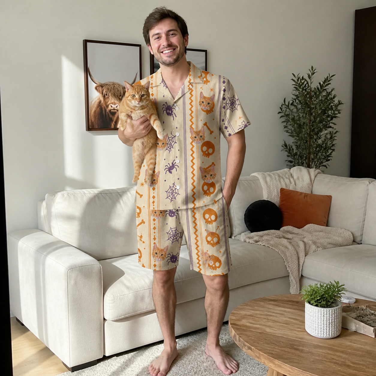 Full-length photo with the pet printed all over this Men's Webbed Bones Custom Cat Face Shirt & Shorts Set
