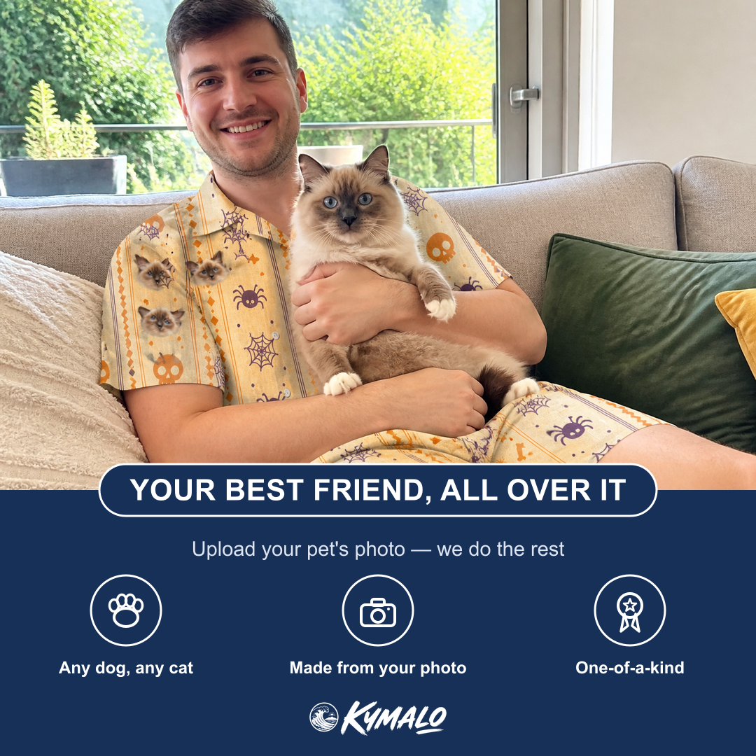 Friends in matching Men's Webbed Bones Custom Cat Face Shirt & Shorts Set — a group gift photo