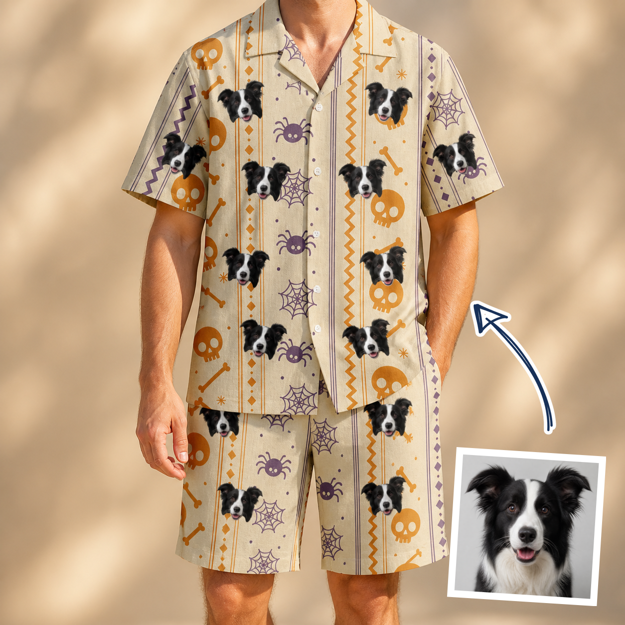 Man wearing Men's Webbed Bones Custom Dog Face Shirt & Shorts Set — custom faces printed all-over