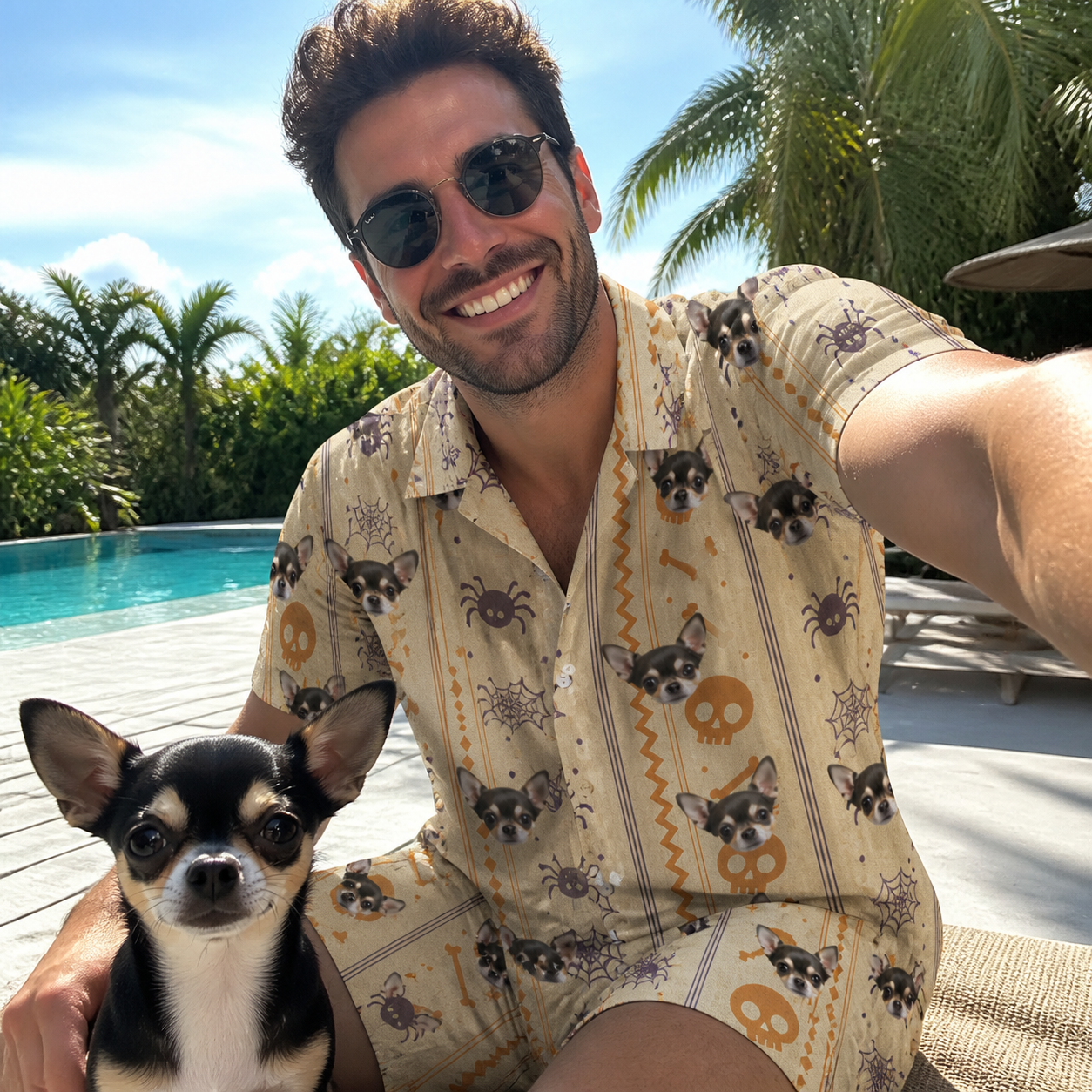 Selfie with the pet whose face is printed all over this Men's Webbed Bones Custom Dog Face Shirt & Shorts Set