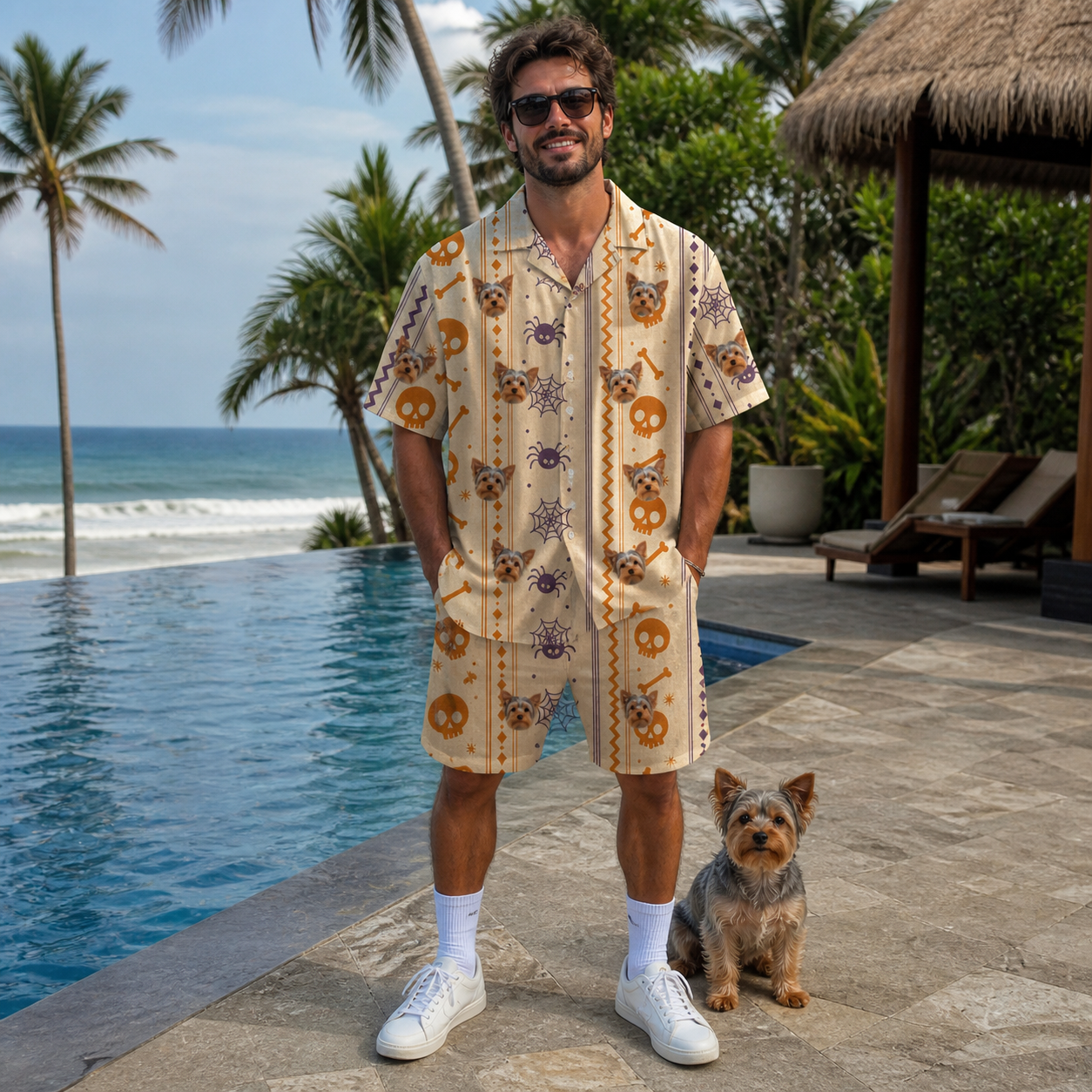 Full-length photo with the pet printed all over this Men's Webbed Bones Custom Dog Face Shirt & Shorts Set