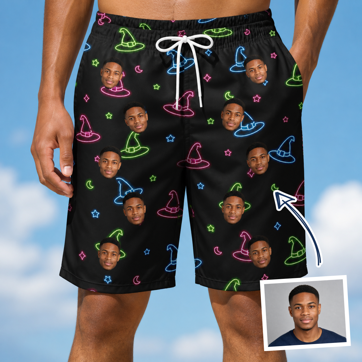 Man wearing Men's Moonlit Millinery Custom Face Beach Shorts — custom faces printed all-over