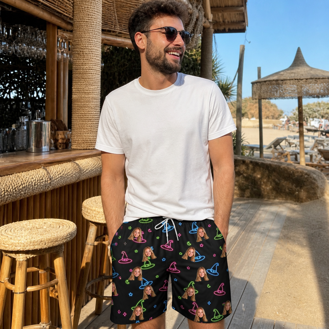Real-life photo of someone wearing Men's Moonlit Millinery Custom Face Beach Shorts — custom faces printed all-over