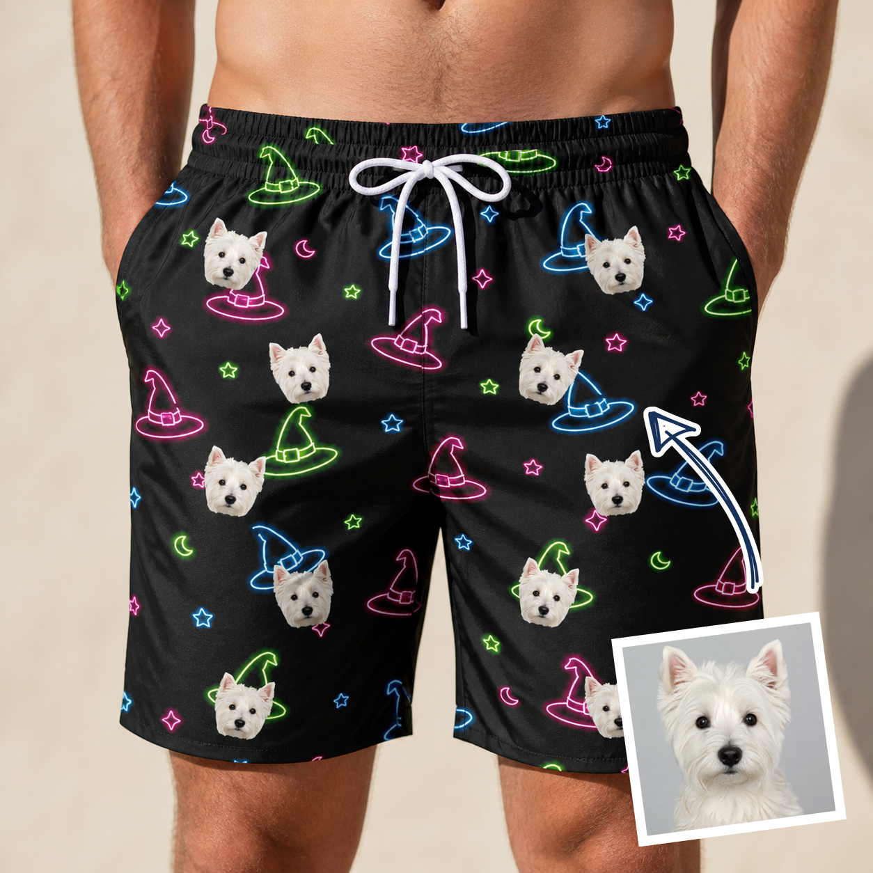 Man wearing Men's Moonlit Millinery Custom Dog Face Beach Shorts — custom faces printed all-over